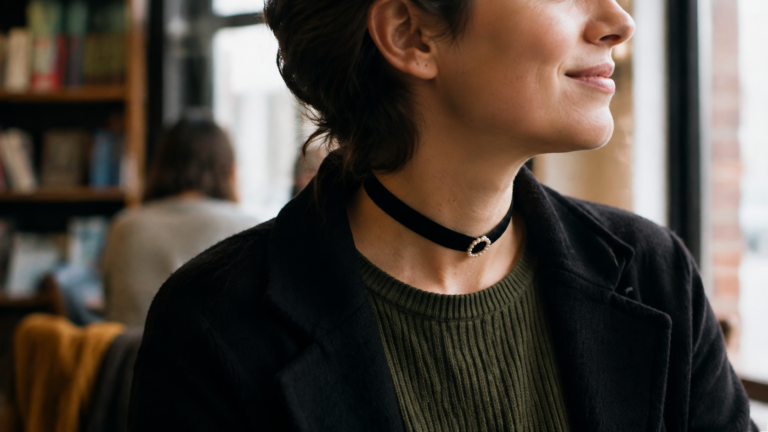 A low-profile day collar worn naturally in a quiet public setting