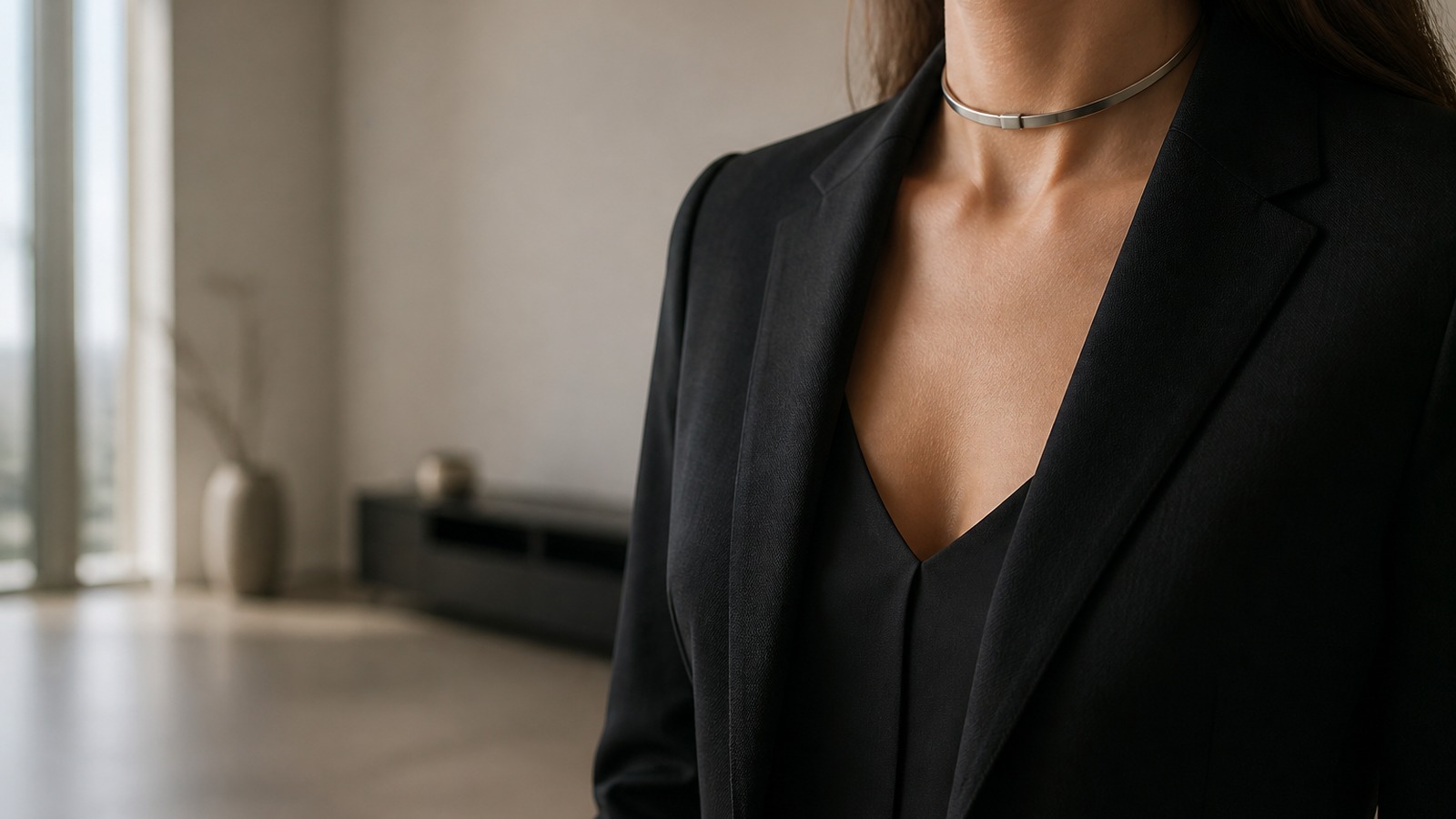 A low-profile collar worn with refined everyday clothing near the skin