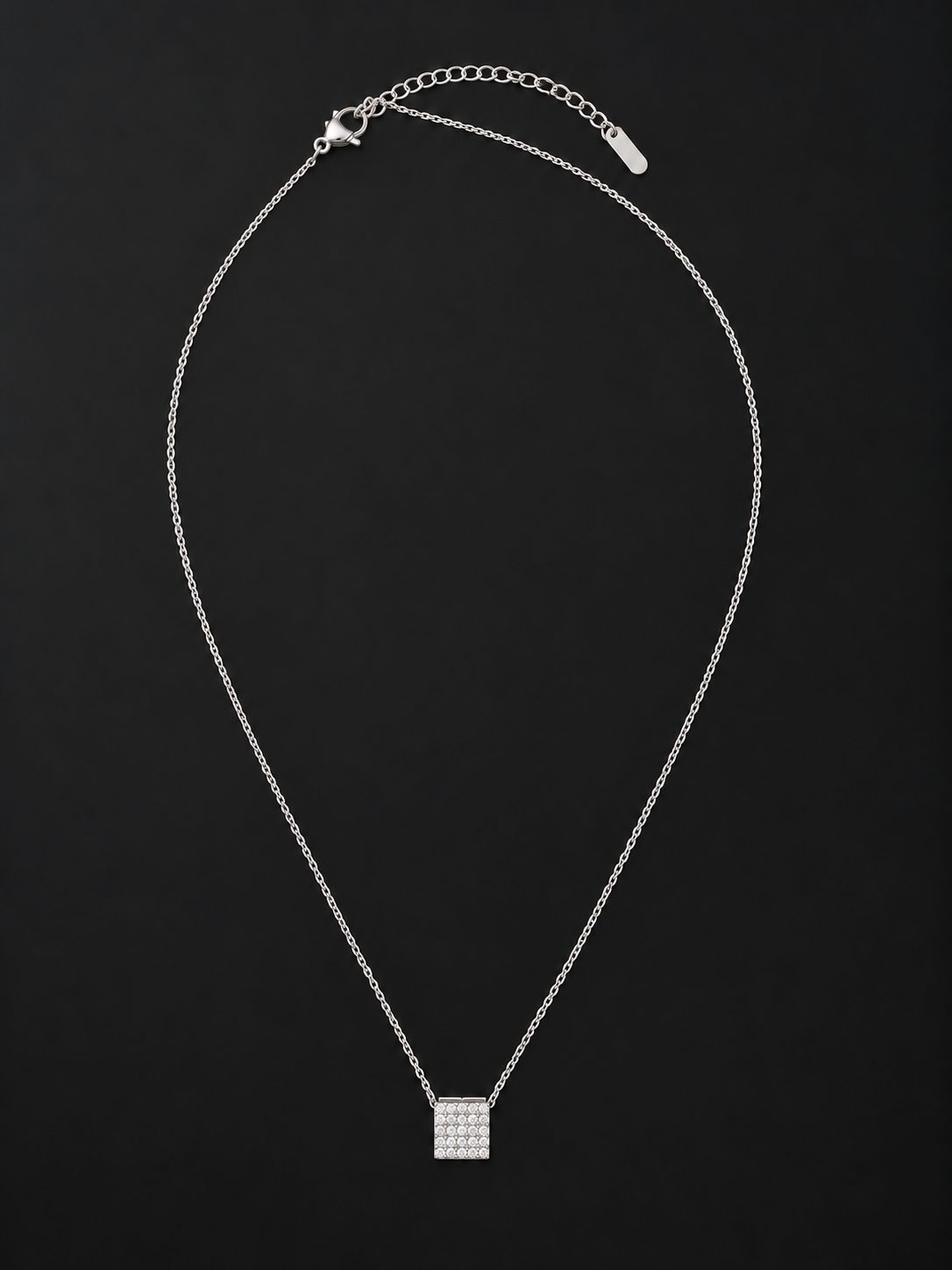 Discreet Square Pave Pendant Necklace — Titanium Steel on Adjustable Fine Chain 3 Discreet Square Pave Pendant Necklace — Titanium Steel on Adjustable Fine Chain - Image 3