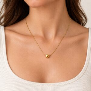 Discreet Gold Ball Pendant Necklace — Mirror Titanium Steel on Adjustable Snake Chain
