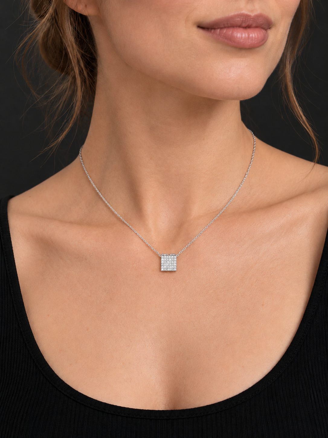 Discreet Square Pave Pendant Necklace — Titanium Steel on Adjustable Fine Chain 1 Discreet Square Pave Pendant Necklace — Titanium Steel on Adjustable Fine Chain