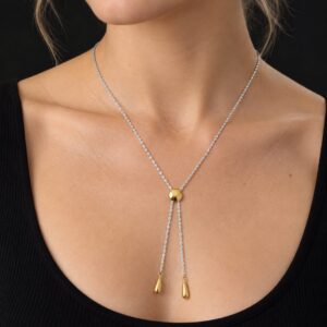 Discreet Two-Tone Y Necklace — Gold Teardrop Drops on Silver Rope Chain