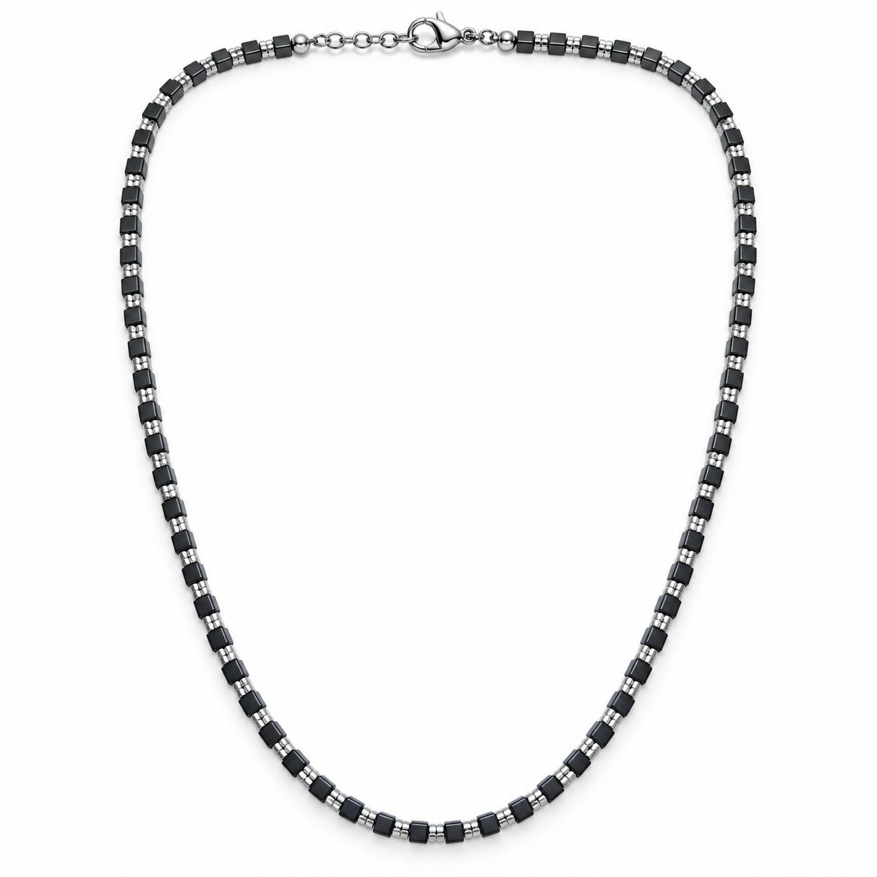 Discreet Black Onyx Cube Bead Necklace — Black Cubes with Silver-Tone Rondelles 1 Discreet Black Onyx Cube Bead Necklace — Black Cubes with Silver-Tone Rondelles