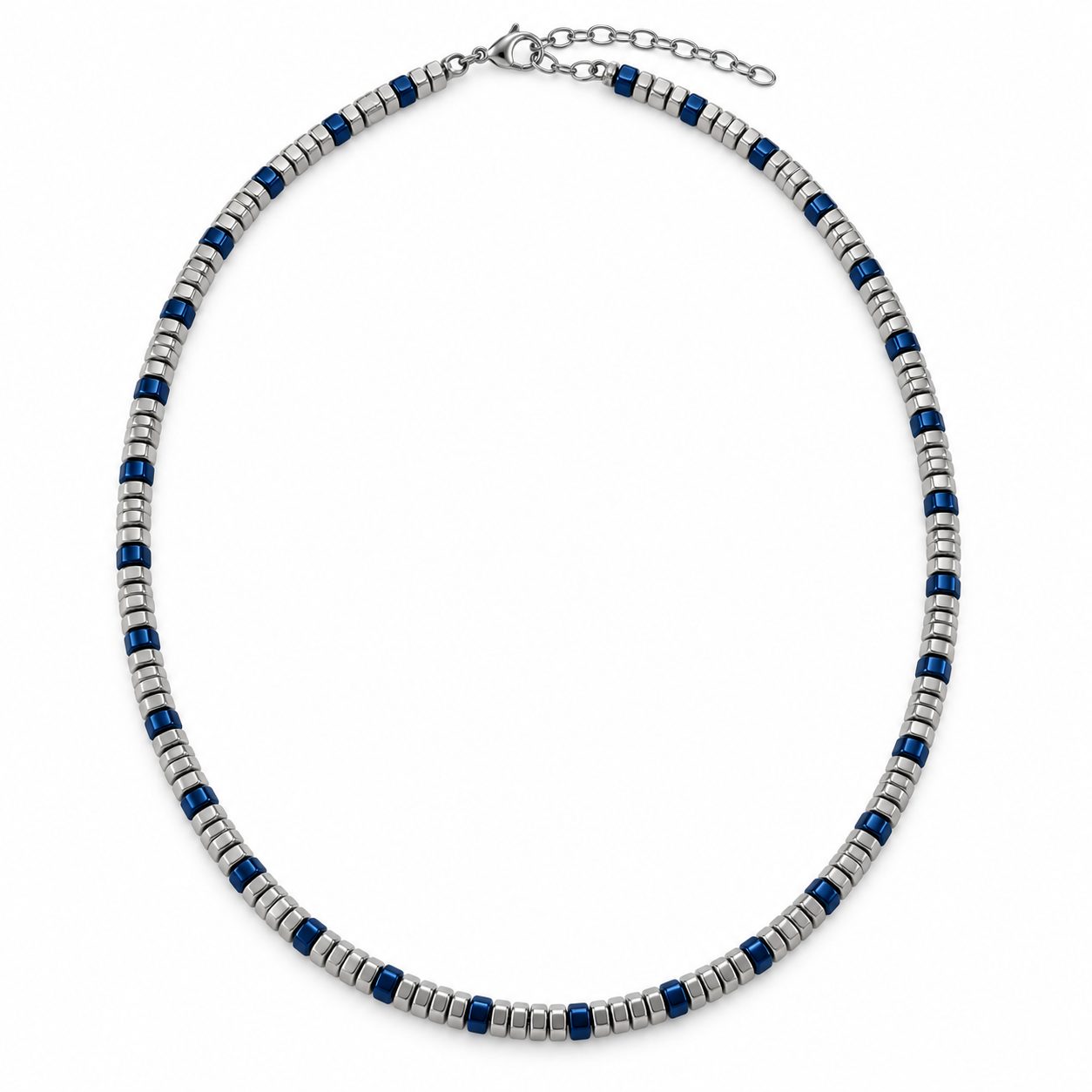 Discreet Lapis Lazuli Cube Bead Necklace — Blue Cubes with Silver-Tone Rondelles 1 Discreet Lapis Lazuli Cube Bead Necklace — Blue Cubes with Silver-Tone Rondelles