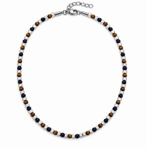 Discreet Lapis Lazuli and Tiger Eye Bead Necklace — Silver-Tone Cubes with Lobster Clasp