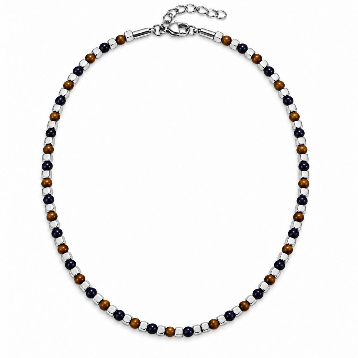 Discreet Lapis Lazuli and Tiger Eye Bead Necklace — Silver-Tone Cubes with Lobster Clasp 1 Discreet Lapis Lazuli and Tiger Eye Bead Necklace — Silver-Tone Cubes with Lobster Clasp